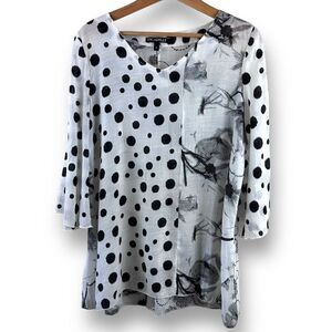 Picadilly Womens Polka Floral Tunic Top Flare 3/4 Sleeve V Neck White Black 8
